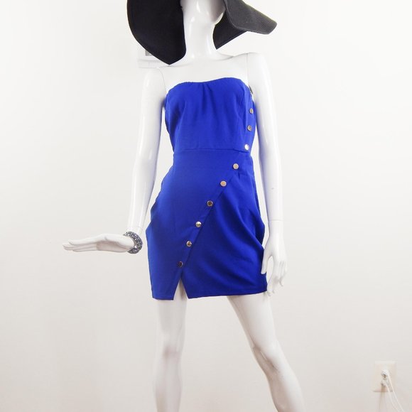 Blue Strapless party dress wrap metal buttons Mini cocktail attire - Picture 9 of 10